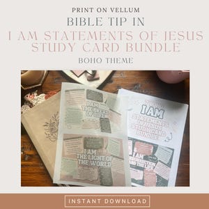 Könnte beinhalten: Ein Set aus bedruckten Pergament-Lernkarten mit den Ich-Bin-Aussagen von Jesu. Die Karten enthalten Text wie I Am The Bread Of Life, I Am The Light Of The World und 7 Boho I Am Statements Of Jesus Study Card Bundle mit floralen Verzierungen.