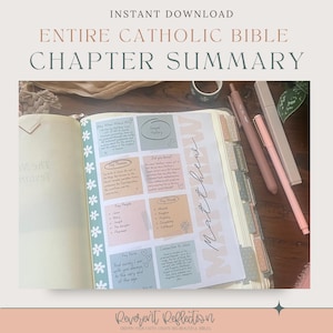 May include: An open book featuring a printed summary page for the Gospel of Matthew. The page includes pastel-colored boxes with text, a floral border, and the word Matthew written vertically. Two pens and index tabs are placed beside the book.