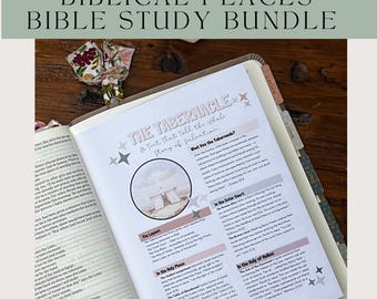 May include: A printed page titled The Tabernacle, A Tent That Tell the Whole Story of Salvation, featuring a circular illustration of a tent, text sections on the layout, the outer court, and the holy place, decorated with small star icons.