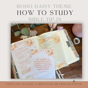 May include: An open Bible with floral accents and a coordinating card featuring the text "All Scripture is god-breathed." The image includes the text "How to Study Bible Tip In" and "Print on Vellum, Cardstock or Printer Paper."