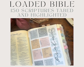 May include: An open Bible featuring the book of Psalms with colorful sticky tabs on the edge. The page displays text boxes titled Wisdom Writings, Key Events, Key People, Key Words, and Key Verse, with the text 15 TOPIC LOADED BIBLE 150 SCRIPTURES TABED AND HIGHLIGHTED.