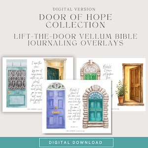 Könnte beinhalten: Digitale Version der Door of Hope Kollektion, Lift-the-Door Vellum Bibel Journaling Overlays. Das Bild zeigt Aquarellillustrationen verschiedener Türen in Blau, Grün und Braun, gepaart mit handgeschriebenen Bibelversen.