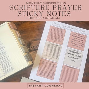 May include: A digital sheet of printable sticky notes featuring scripture verses and prayer prompts, including text like Guidance & Wisdom, Proverbs 3:5-6, and Psalm 119:105, alongside a Bible with labeled book tabs for Amos, Ezekiel, Isaiah, and Ecclesiastes.