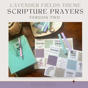 May include: A mint green journal with a floral sprig design, two pastel pens, and two printed sheets featuring grid-style prayer cards with text, floral illustrations, a cross, and a rainbow. The sheets include the words PRAYERS, AMEN, and COUNT IT ALL.