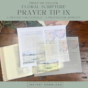 Può includere: Una stampa su carta velina con disegni floreali e due preghiere intitolate A Prayer for Patience e A Prayer for Humility. La carta traslucida mostra testo stampato e illustrazioni di paesaggi, posizionata accanto a un libro aperto.