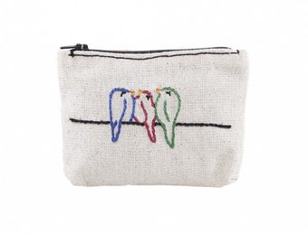 Hand embroidered linen wallet, handmade pouch, embroidered coin purse