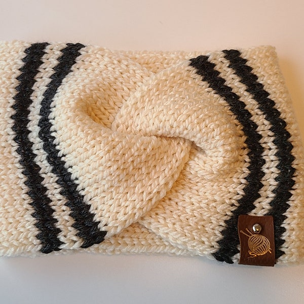 Cream with dark gray stripes print knit twisted earwarmer headband