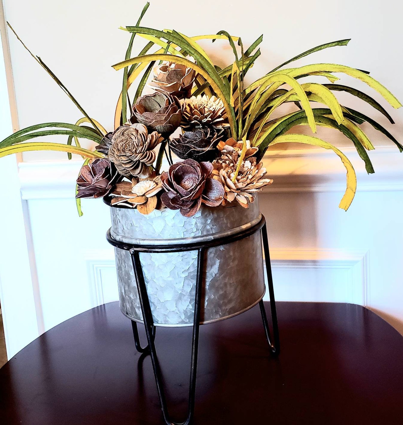 Royal Palms floral arrangement with metal container and stand. Etsy