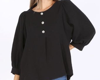 Women's Soft Cotton Blouse, Cotton Gauze Button Front tops , 3/4 Puff Sleeve, Relaxed Fit Blouse