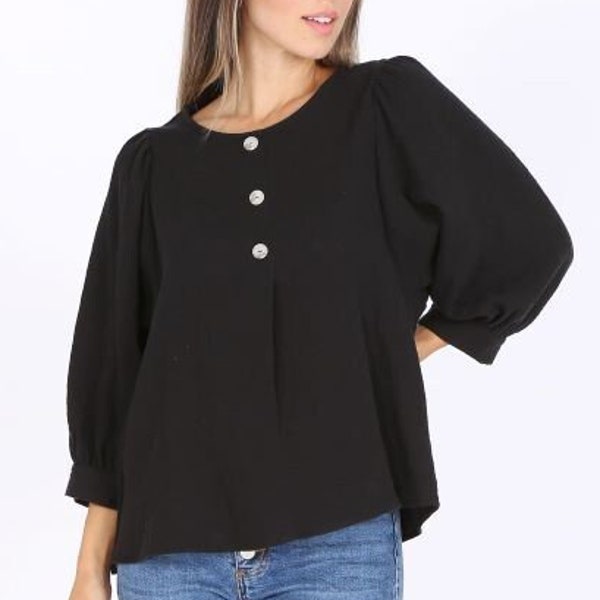 Women's Soft Cotton Blouse, Cotton Gauze Button Front tops , 3/4 Puff Sleeve, Relaxed Fit Blouse