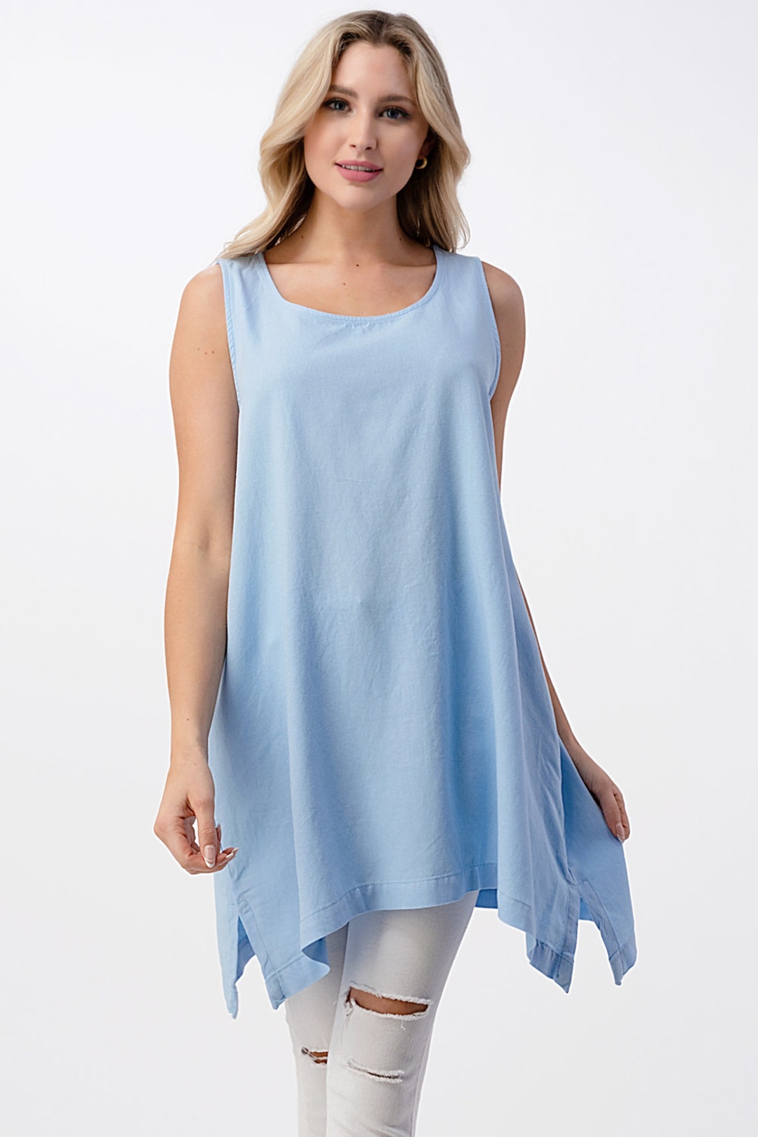 Light Blue Linen Shirt for Women Sleeveless Tunic With Side - Etsy