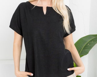 Women's linen blouse with dolman sleeve and side slit , relaxed fit tops, spilt neck line, Linen tops