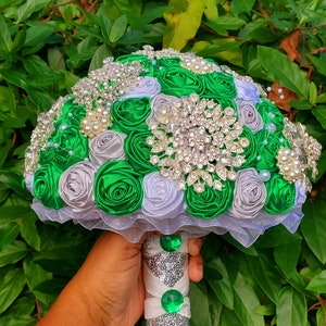 Green Brooch Bouquet | Bridal Brooch Bouquet | Bridesmaid Bouquet |  Green brooch bouquet | bridesmaid bouquet | Green satin bouquet