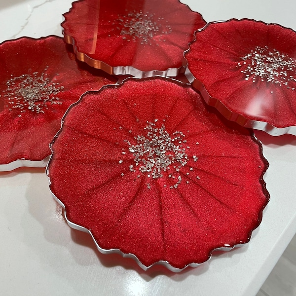 Resin Holiday Coaster Set | Tray with Handles | Ruby Red and Silver Coaster Set | Housewarming Gift | Home Decor | Holiday Sparkle Decor