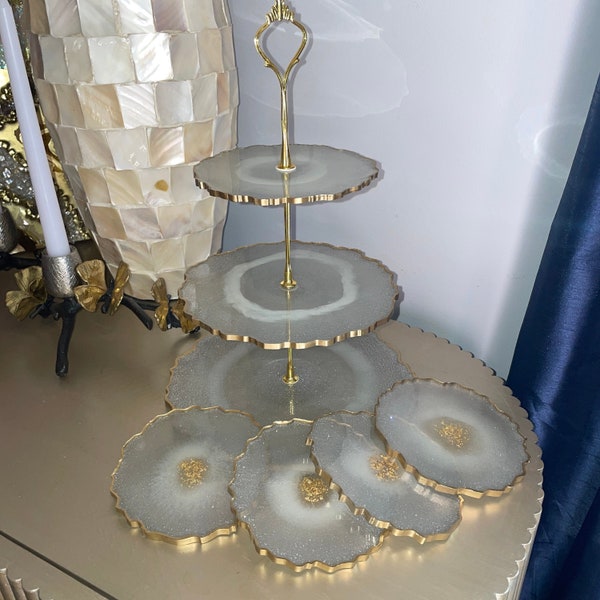 Resin Dessert Stand | Geode Agate Three Tiered Cake Stand Serving Tray with Handles and Matching Set of 4 Coasters - Custom made