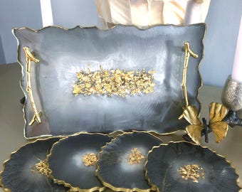 Gold Flake Resin Tray & Coaster Set, Modern Functional Home Decor, Stylish Tabletop Tray or Vanity Gift Set, Unique Present for Mom or Wife