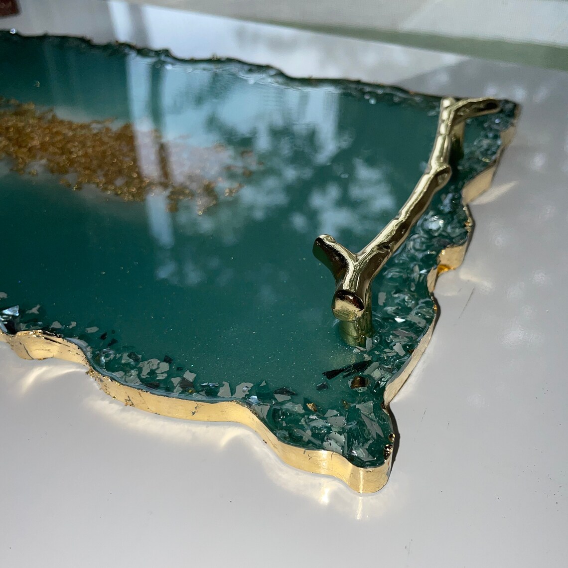 Resin Geode Tray With Branch Handles Crushed Glass Tray With Etsy