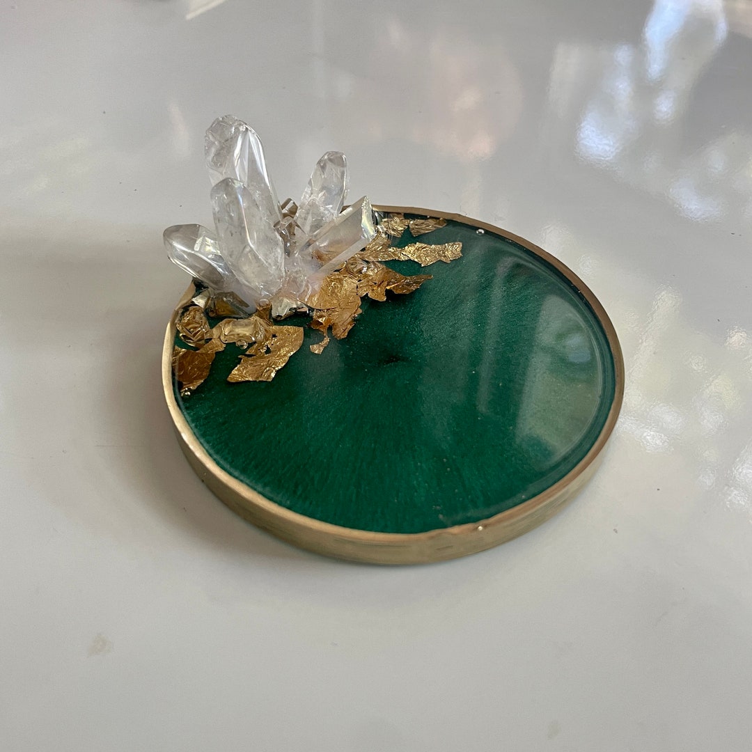 Quartz Crystal Ring Holder Emerald Green | Resin Ring Holder With Real ...