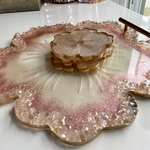 Bandeja de resina con posavasos a juego opcionales, bandeja de flores de ágata de 13&quot; con asas, bandeja de tocador para maquillaje, tabla de charcutería, decoración del hogar, regalo para ella