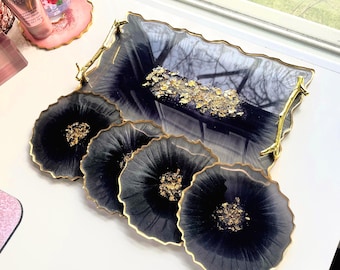 Tray with Gold Handles & Matching Coasters Option, 12" Versatile Accent Resin Agate Decor, Perfume Platter for Vanity, Entryway Catchall