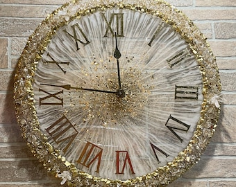 Quartz Crystals Resin Agate Wall Clock on Acrylic | Glam Gold Clock |  Handmade Custom Clock | Housewarming Gift | Glam Resin Decor | Gifts