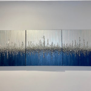 Silver Glitter Wall Art Hand Embellished Sparkle Canvas Painting 3 Piece Canvas Wall Art Set Glam Glitter Glass Dimensional Wall Decor