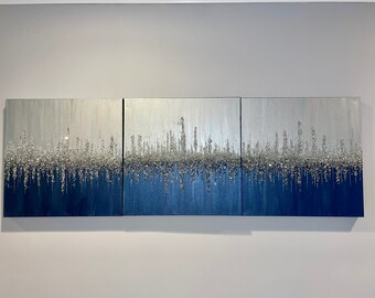 Abstrakte Wand Kunst 3er Set Leinwand Glitter Glas Textur Gemälde Moderne Wohnkultur Blau & Silber Minimalistische Kunstwerk für Wohnzimmer