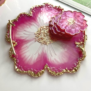 Agate Flower Tray with Gold Handles & Coasters, Geode Resin Floral Serving Set, Decorative Accent Tray for Dining Room, Kitchen Centerpiece