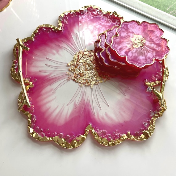 Agate Flower Tray With Gold Handles & Coasters, Geode Resin Floral