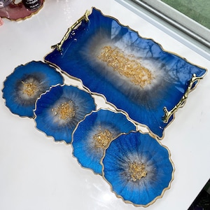 Custom Resin Tray with Matching Coasters Option | 12 inch Geode Agate Tray in Sapphire Blue and Gold | Event Tablescape Decor | Gifts