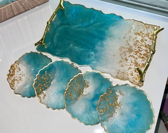 Ocean Waves Tray and Coasters, Beach Style Resin Tray, Coastal Home Decor, Water Design Coffee Table Accent, Beach House Rental Decor