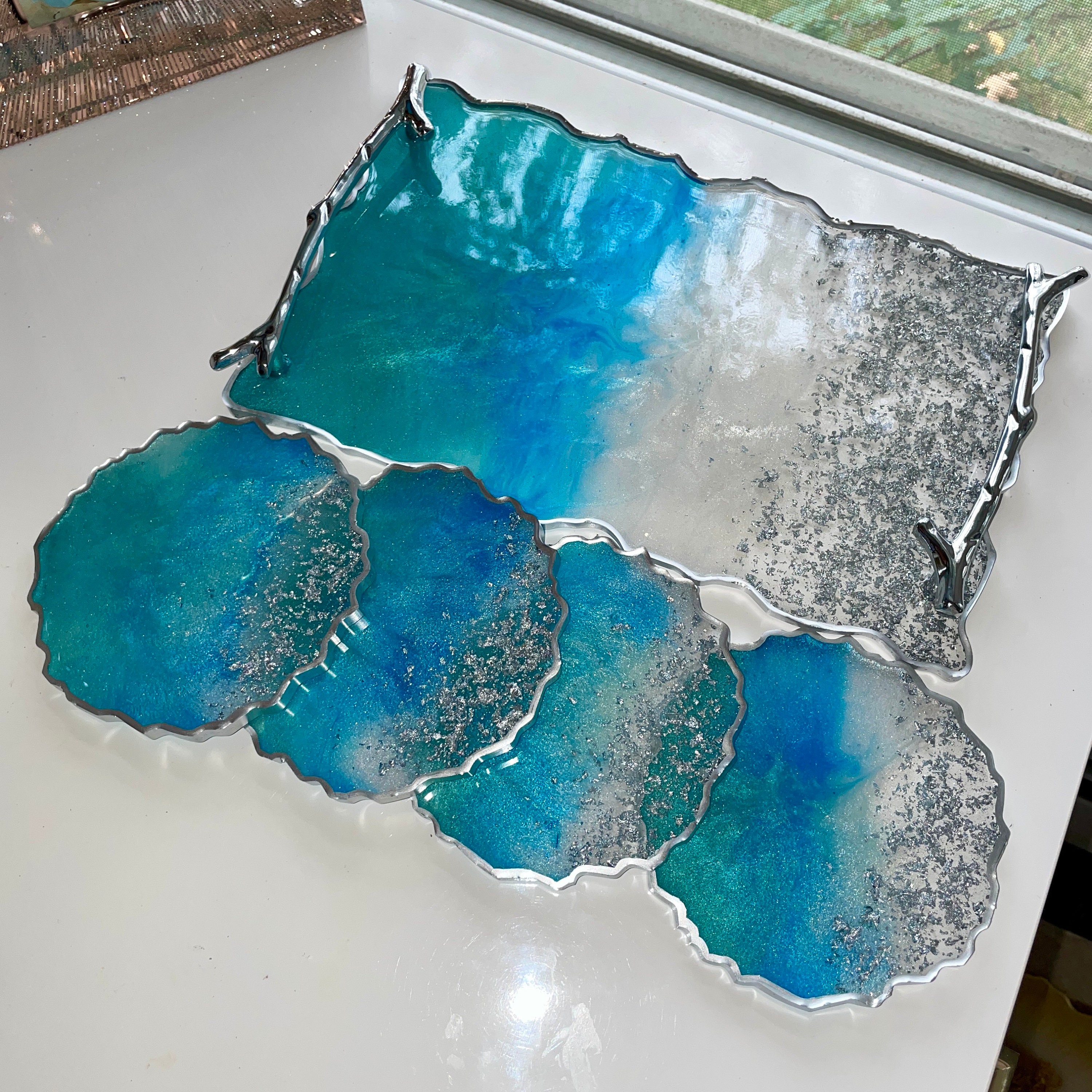 Ocean Waves Tray and Coasters, Beach Style Resin Tray, Coastal Home ...