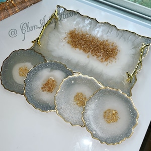 Resin Tray and Coaster Set: Glitter Grey Agate with Gold Flakes