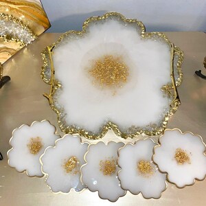 Large Flower Tray and Coasters, Agate Resin 13" Countertop Tray, Kitchen Counter Storage, Dining Table Centerpiece, Flower Lovers Gift Mom