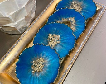 Agate Resin Turquoise Blue Coasters | Handmade Glam Turquoise and White Geode Agate Resin Coaster Set | Blue and Gold Coasters