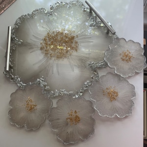 Flower Resin Tray with Optional Matching Coasters 13&quot; Agate Resin Tray with Gold Branch Handles Geode Vanity Tray Glam Home Decor