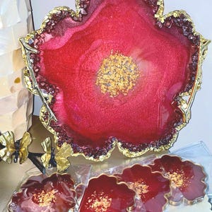 Large Flower Tray with Optional Matching Coasters, Red Gold Serving Set, 13” Charcuterie Board, Floral Home Decor, Table Centerpiece Tray