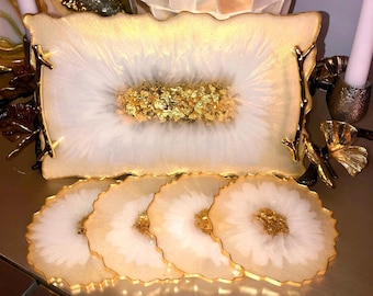 Accent Tray with Gold Handles, Agate Resin Tray and Coasters Set, Geode Home Decor, Entryway and Dining Table Accent, Tea Party Gift Set