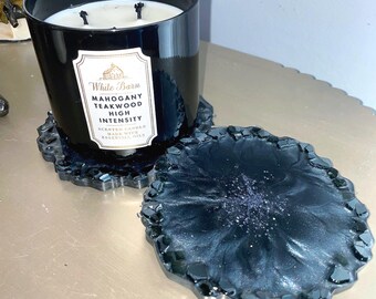 Luxury Glass Rim Candle Plate, Geode Resin Candle Holder, Handmade Black Agate Candle Dish for Mantel, Crystal Dining Table Accent