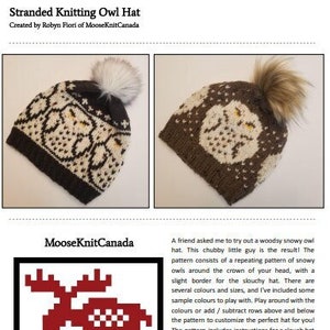 May include: A knitting pattern for a stranded owl hat. The pattern includes instructions for a slouch hat and a beanie. The pattern is for personal use only. This pattern may not be reproduced or sold. Enjoy!