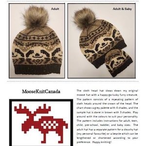 May include: A knitted hat with a sloth pattern and a faux fur pom-pom. The hat is brown, tan, and black, with a repeating pattern of sloth faces. The image also shows a smaller matching hat for a baby. The text says "Stranded Sloth Hat".
