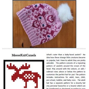 May include: A pink and burgundy knitted hat with a white pom-pom. The hat has a repeating pattern of axolotls. The text "Stranded Axolotl Hat" is at the top. Designed by MooseKnitCanada. The hat is a pattern for knitting.