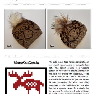 Puede incluir: Dos gorros de punto con un diseño de cabeza de alce y un pompón esponjoso. Un gorro está etiquetado como "Adult" y el otro como "Baby". Los gorros son marrones con un patrón de alce marrón más oscuro. El texto "Stranded Cute Moose Head Hat" está en la parte superior.