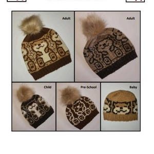 May include: Knitted otter hats in various sizes, including adult, child, preschool, and baby. The hats feature a brown, cream, and dark brown otter design with a faux fur pom-pom. The text "Stranded Otter Hat" is visible.