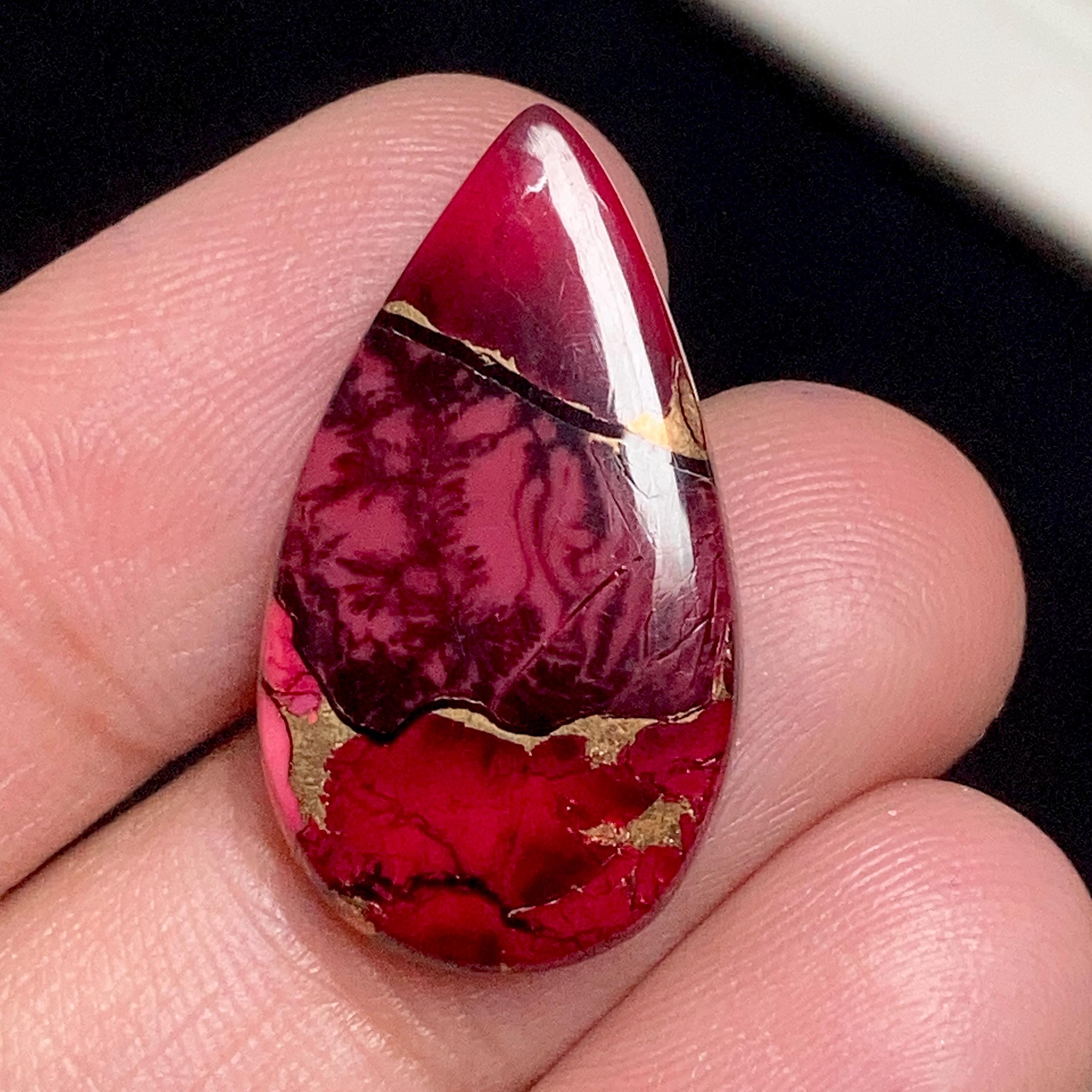Red Rose Dahlia Mohave Copper Turquoise Pear Cabochon, 24x14x3mm