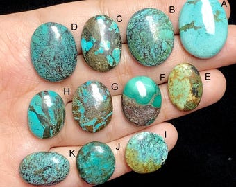 May include: A collection of eleven turquoise gemstones in various shapes and sizes. The stones display a range of blue-green hues with brown and black matrix patterns. Each stone is polished, showcasing natural variations and textures. The gemstones are displayed on a hand.