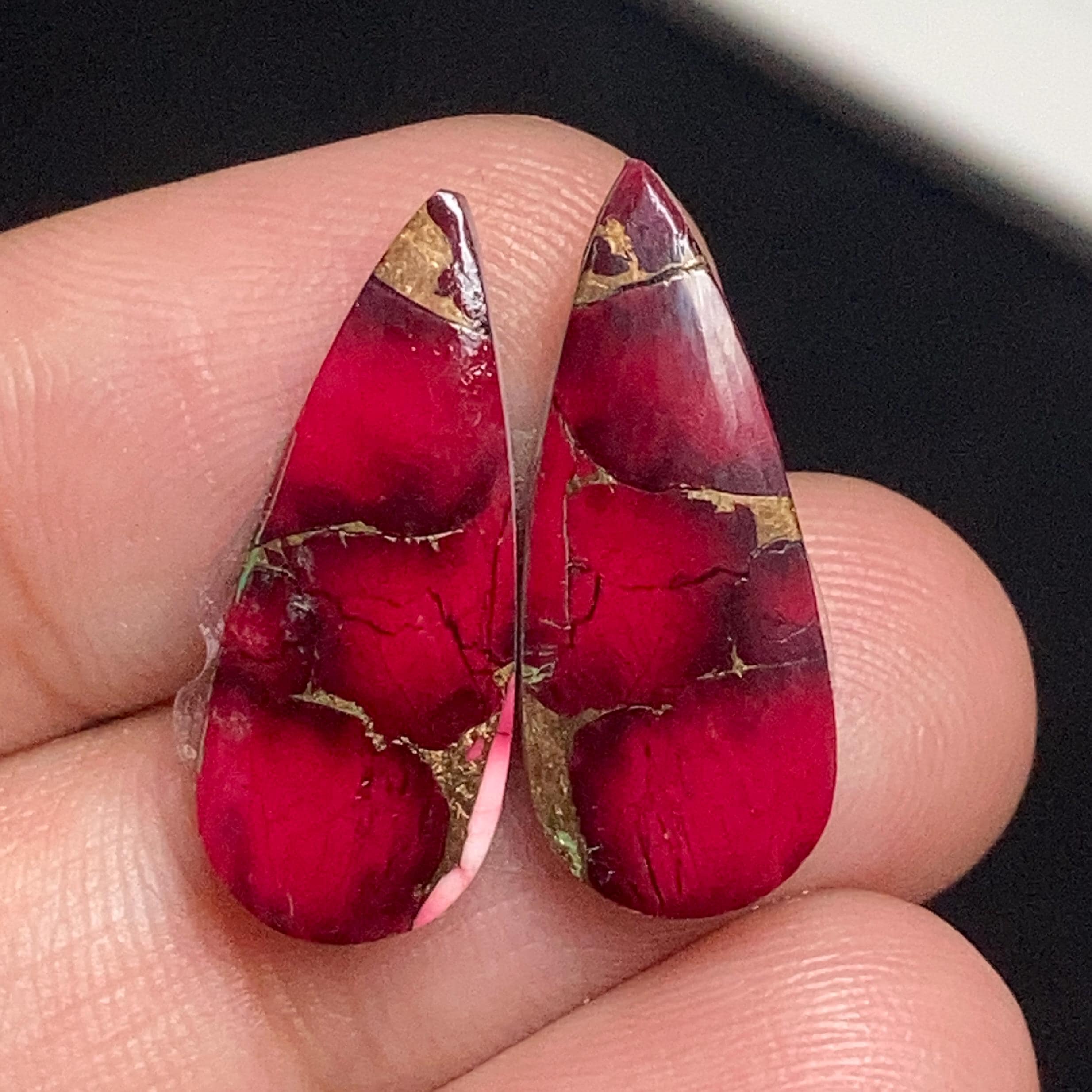 Red Rose Dahlia Copper Turquoise Earring Pairs, 21x8x4mm A One