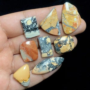 May include: A collection of polished gemstones in various shapes, including rectangles, triangles, and ovals. The stones display a range of colors, such as orange, yellow, gray, and white, with intricate patterns and textures. The gemstones are held in a hand against a black background.