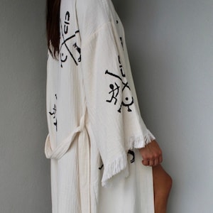 Ethnic Caftan, Kimono Robe, Dressing gown, Boho Cover Up, Meditation Robe, Organic Cotton bathrobe, lithograph pattern, Unisex Spa robe