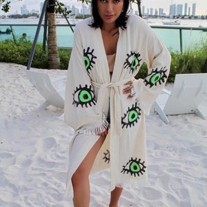 Turkish Cotton green Evil Eye Kimono, Cardigan Robe, Evil Eye Ethnic Boho Festival robe, White Long Robe, Beachwear Cover up, hippie jacket